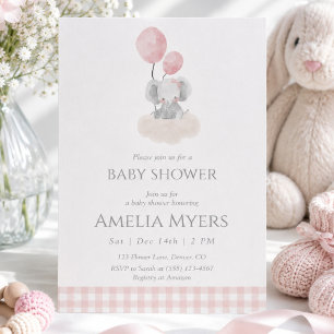 Pink Gingham Elephant on Cloud Baby Shower  Invitation