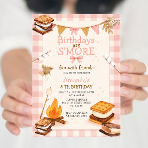Pink Gingham Fall Camping Bonfire Smores Invitation
