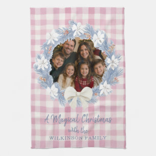 Pink Gingham Family Christmas Photo Wreath Kitchen Towel