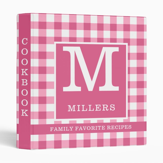 Pink Gingham Family Name Monogram Cookbook Recipe Binder (Front/Spine)