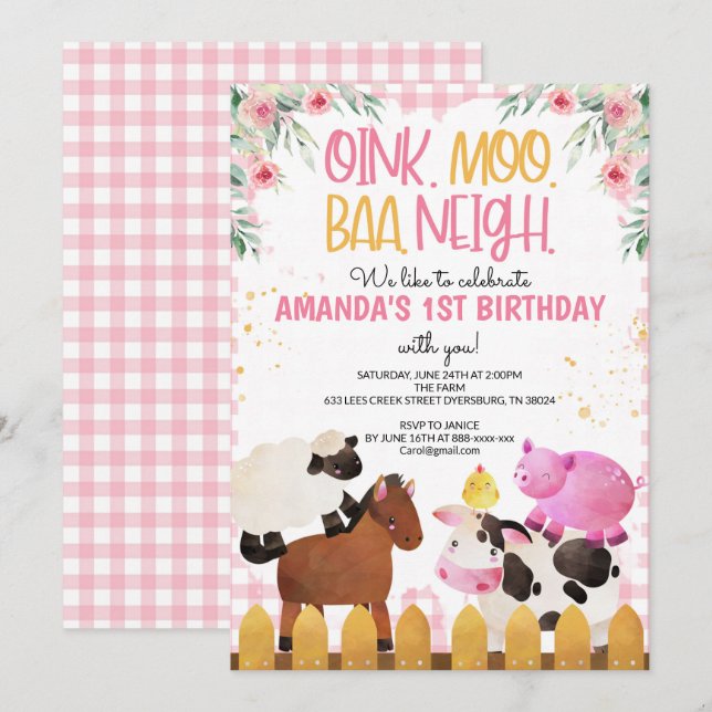 Pink Gingham Farm Animals Girl Birthday Barnyard Invitation (Front/Back)