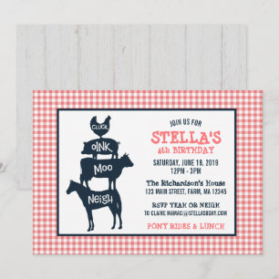 Pink Gingham Farm Theme Animal Girl Birthday Invitation