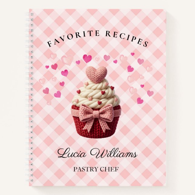 Pink Gingham Faux Crochet Cupcake Bakery  Notebook (Front)