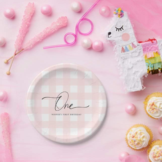 Pink Gingham First Birthday Paper Plates (Party)
