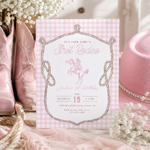 Pink Gingham First Rodeo 1st Birthday Cowboy Invitation