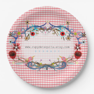 Pink gingham floral art birds paper plate
