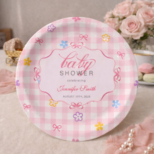 Pink Gingham Floral Bow Baby Shower Paper Plates