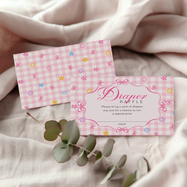 Pink Gingham Floral Bow Diaper Raffle Insert Card (Creator Uploaded)