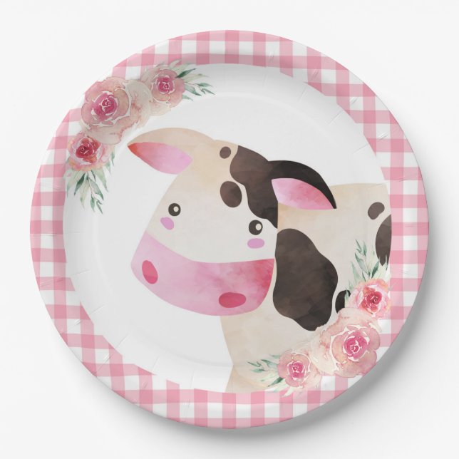 Pink Gingham Floral Cow Farm Animal Paper Plate (Front)