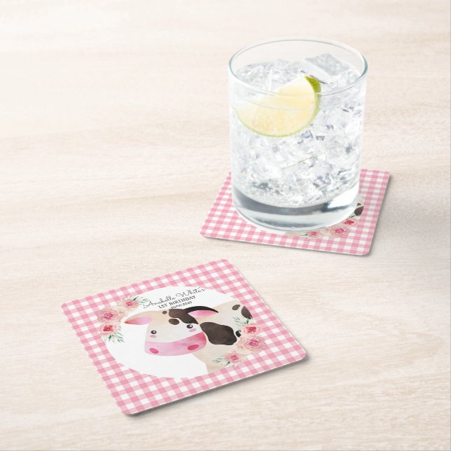Pink Gingham Floral Cow Farm Animal Square Paper Coaster (Insitu)