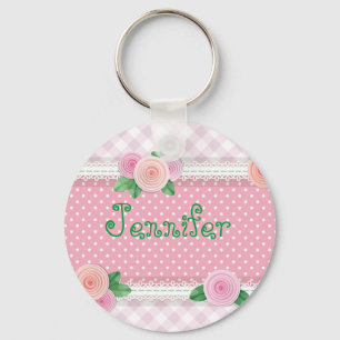 Pink Gingham Floral Cute and Girly Sweet Keychain