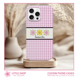 Pink Gingham Floral Monogram iPhone 15 Case