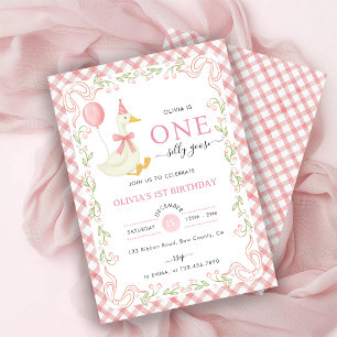 Pink Gingham Floral One Silly Goose 1st Birthday Invitation