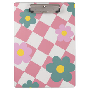 Pink Gingham Floral Pattern – Retro Cute Flower  Clipboard