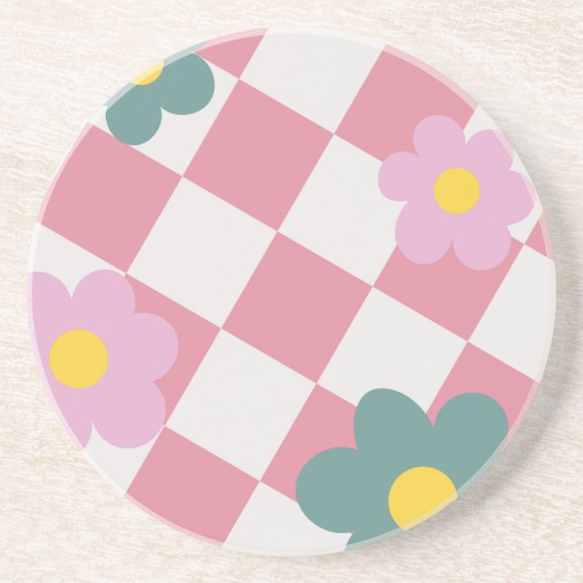 Pink Gingham Floral Pattern – Retro Cute Flower  Coaster (Front)