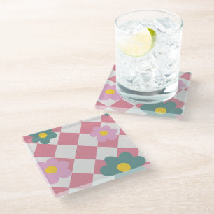 Pink Gingham Floral Pattern – Retro Cute Flower  Glass Coaster