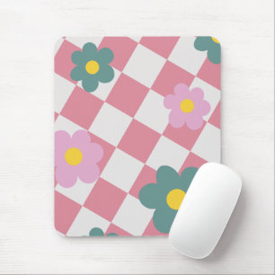 Pink Gingham Floral Pattern – Retro Cute Flower  Mouse Pad