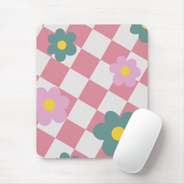 Pink Gingham Floral Pattern – Retro Cute Flower  Mouse Pad (With Mouse)