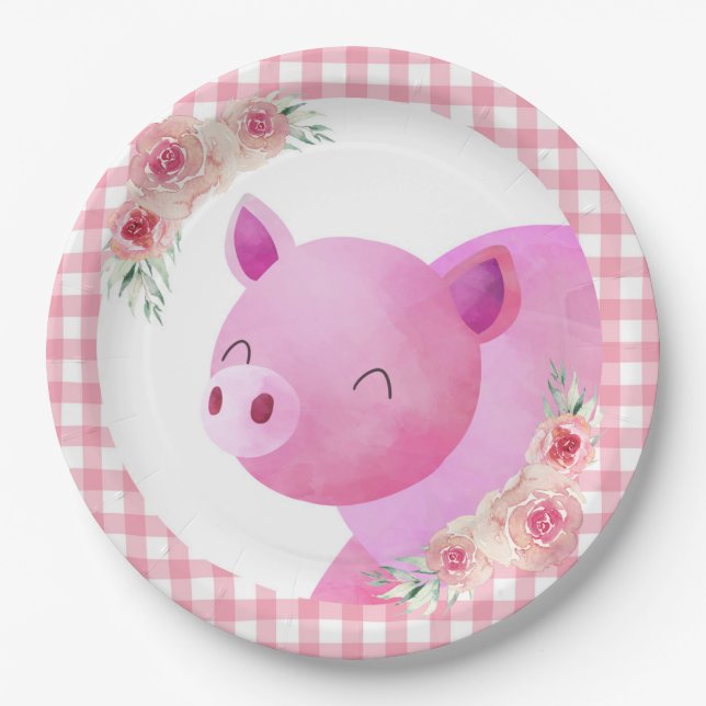 Pink Gingham Floral Pig Farm Animal Barnyard Paper Plate (Front)