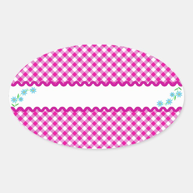 Pink Gingham & Flowers Background Oval Sticker (Front)