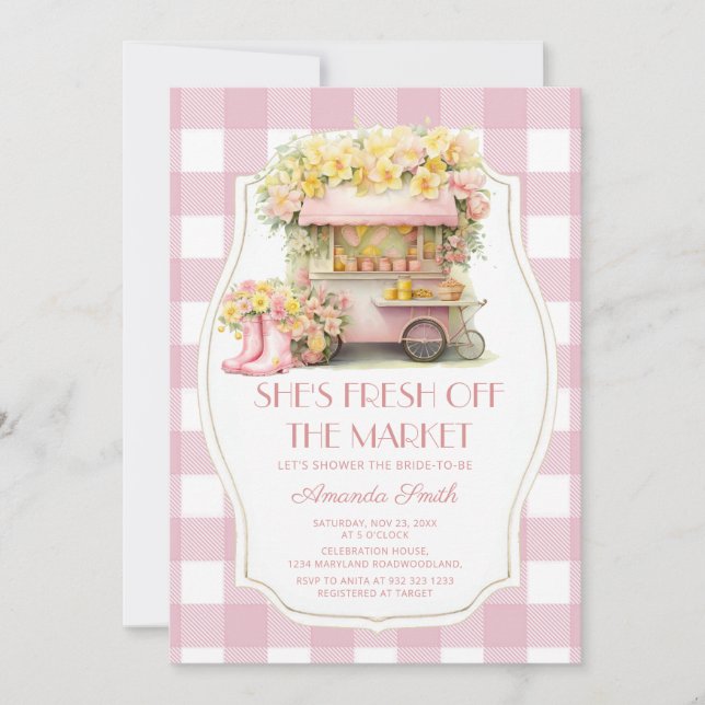 Pink Gingham Fresh Off the Market Bridal Shower  Invitation (Front)