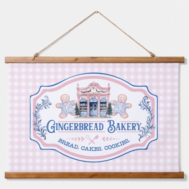 Pink Gingham Gingerbread Bakery Hanging Tapestry (Front)