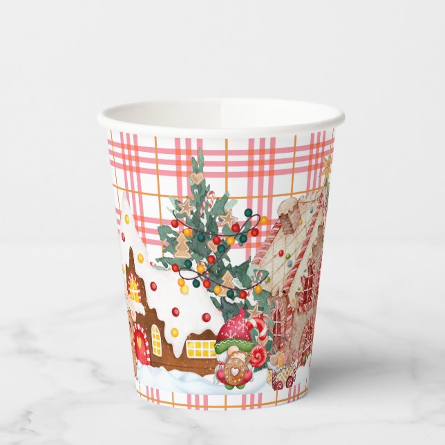 Pink Gingham Gingerbread Village Paper Cups (Left)