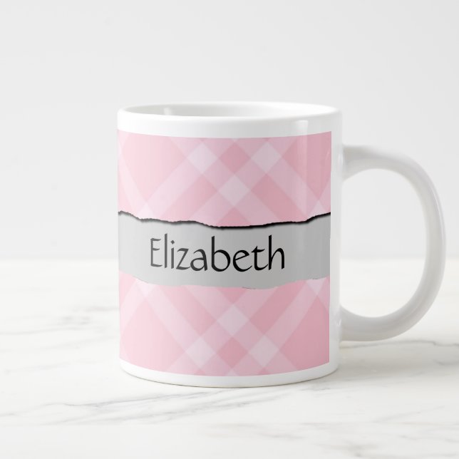 Pink Gingham, Gingham Pattern, Your Name Large Coffee Mug (Right)