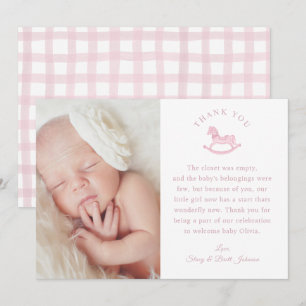 Pink Gingham Girl Baby Shower Photo Thank You Card