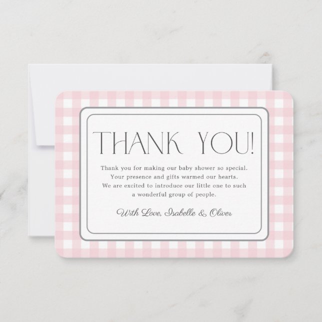 Pink Gingham Girl Baby Shower Thank You Card (Front)