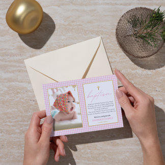 Pink Gingham Girl Baptism Heartfelt Gratitude Note Thank You Card