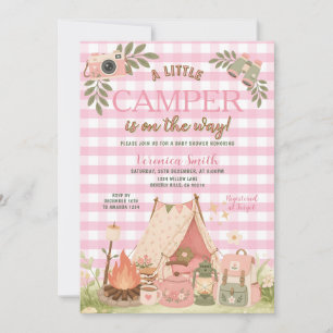 Pink Gingham Girl Camping baby Shower  Invitation