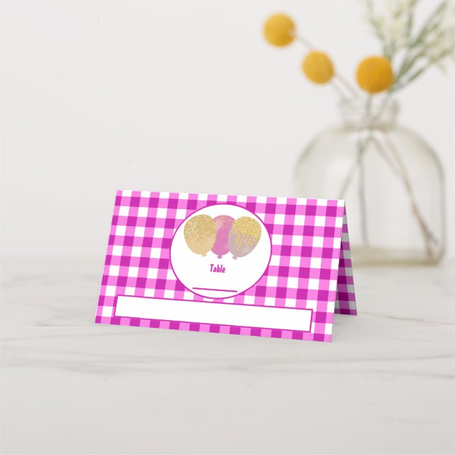 Pink Gingham Glitter Balloons Folded Table  Place Card (Front)