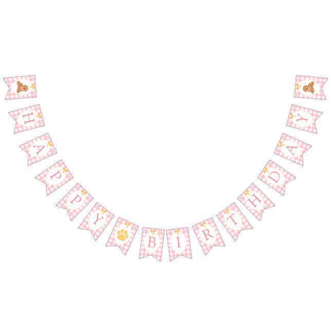 Pink Gingham Golden Doodle Birthday Bunting Flags (All)