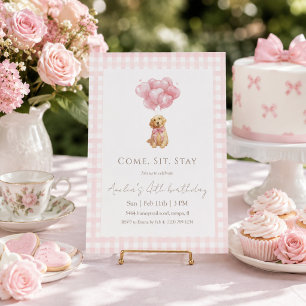 Pink Gingham Golden Retriever Puppy Birthday Invitation