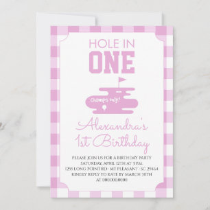Pink Gingham Golf 1st Birthday Party Invitation