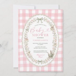 Pink Gingham grandmillennial Baby Shower  Invitation