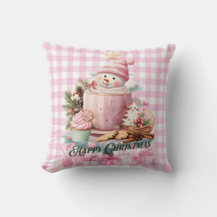 Pink Gingham Happy Christmas Pillow