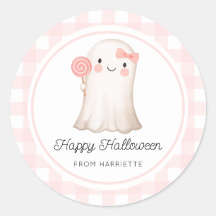 Pink Gingham Happy Halloween Cute Ghost Classic Round Sticker