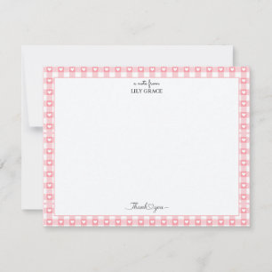 Pink Gingham Heart Border Thank You Stationery Card