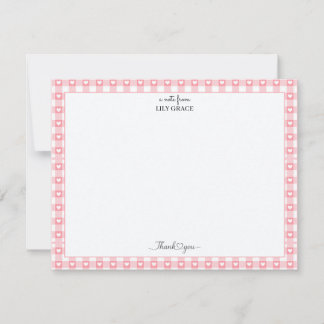 Pink Gingham Heart Border Thank You Stationery Card