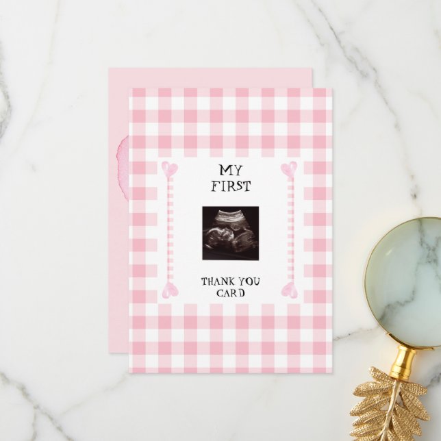 Pink Gingham Heart Funny Baby Thank You Card (Front/Back In Situ)