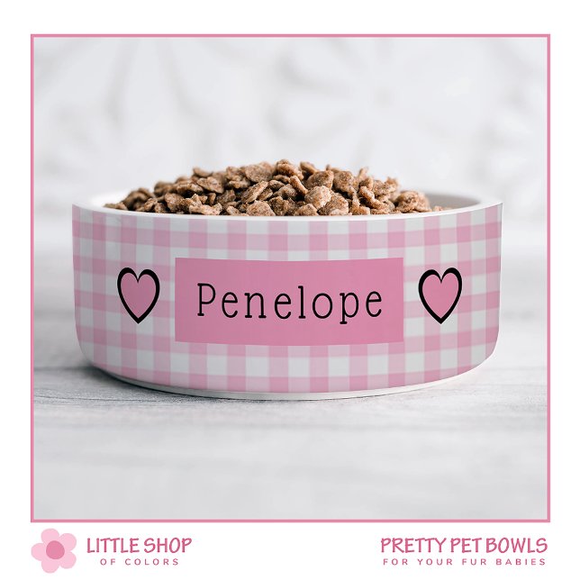 Pink Gingham Hearts Personalized Pet Bowl (Creator Uploaded)