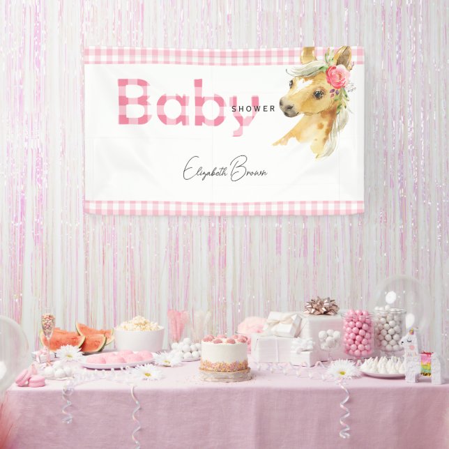 Pink Gingham Horse Baby Shower Banner (Party)