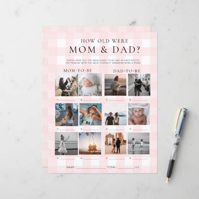 Pink Gingham How Old Were Mom and Dad Photo Game (Front/Back In Situ)