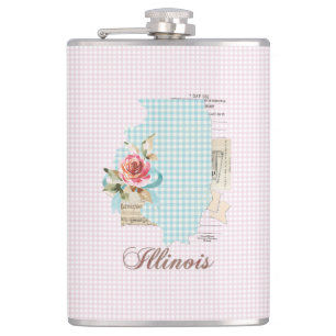 Pink Gingham Illinois State Vinyl Wrapped Flask