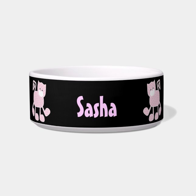 Pink Gingham Kitty Personalized Pet Bowl (Front)