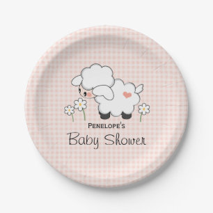 Pink Gingham Lamb Baby Girl Shower Paper Plate