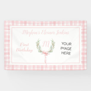 Pink Gingham Laurel Crest Birthday Banner