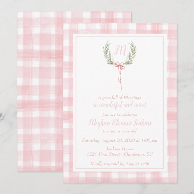 Pink Gingham Laurel Crest First Birthday Invitation (Front/Back)